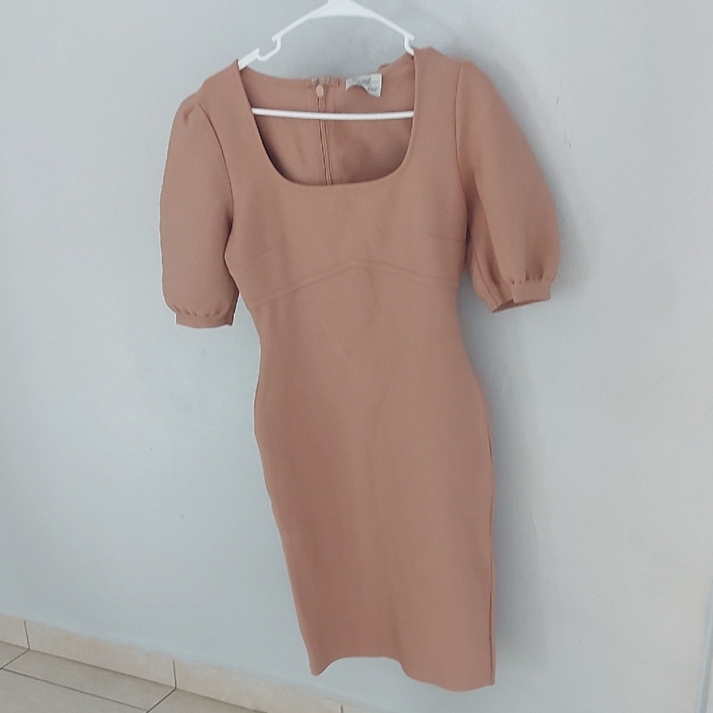 Cream Puff Sleeve Square Neck Sheath Midi Dress